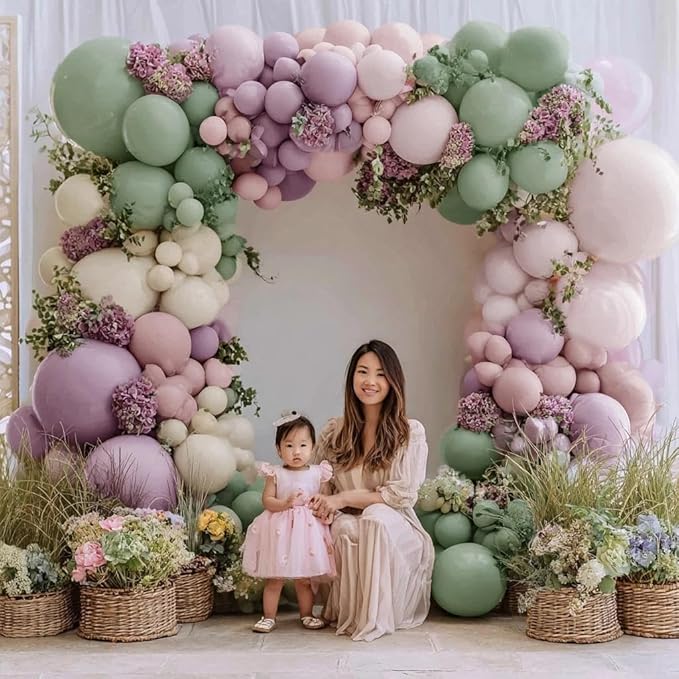 Dusty Green Purple Balloon Garland Double Stuffed Pastel Green Lavender Pink White Sand Balloon Arch Kit Light Lilac Cream Balloons for Baby Shower Birthday Wedding Flower Fairy Party Decor