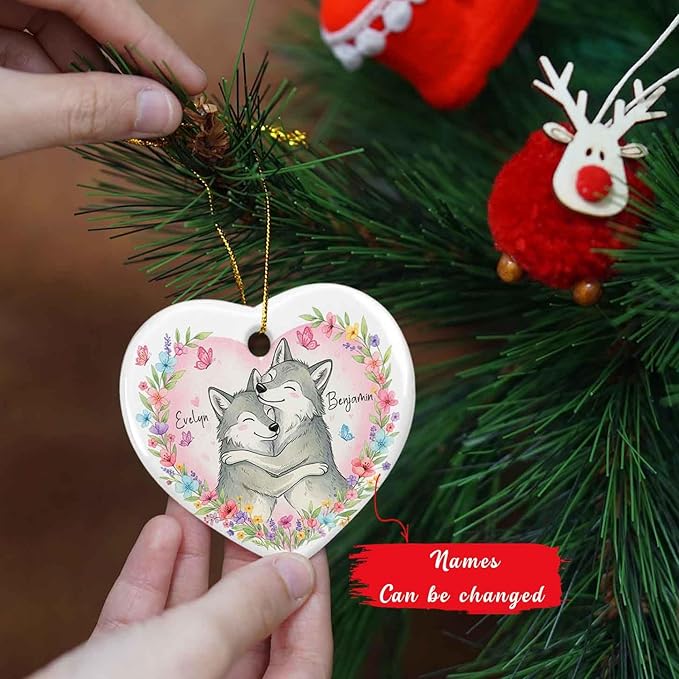Custom Couple Wolf Wedding Ceramic Ornament, Couples Wolf Together Ornament Christmas 2025, Heart Floral Animal Decoration, Gift for Him Her, Personalized Names Mr & Mrs Wolves Ornaments Xmas
