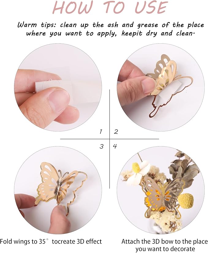 40 PCS Champagne Gold Lively 3D Butterfly Cupcake Toppers Mixed Size Hollow Art Butterfly Cupcake Topper Baby Shower Wedding Anniversary Birthday Party Cake Wall Decorations Supplies