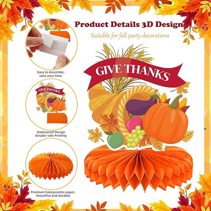 9Pcs Thanksgiving Centerpiece Fall Centerpiece Table Decorations Pumpkin Turkey Honeycomb Thanksgiving Table Centerpiece for Thanksgiving Table Decoration Autumn Theme Birthday Party Supplies