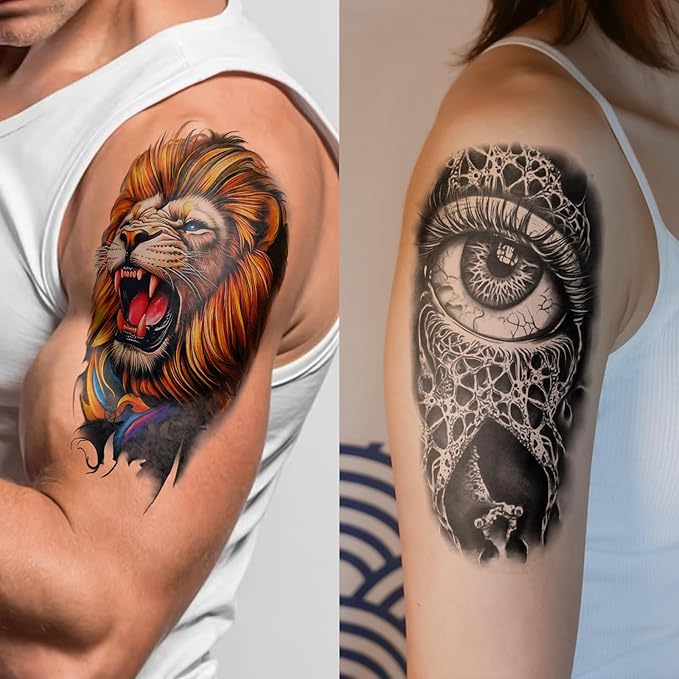 77 Sheets Temporary Tattoo for Women Men, 17 Sheets Half Arm Large 3D Eyes Lion Tiger Spider Fake Tattoos, 60 Sheets Flower Snake Skull Tiny for Adult Kids Cosplay Body Tattoos Stickers Realistic
