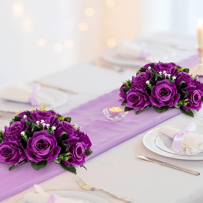 BLOSMON Flower Balls Wedding Rose Centerpieces 10 Pcs Purple Fake Flowers with Base Kissing Balls Decor Artificial Floral Arrangements Flower Bouquet of Roses Home Party Table DIY Decorations