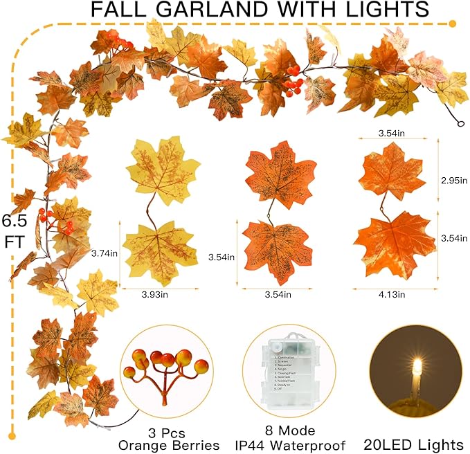 suddus Fall Leaves Garland with Lights, 20LED Battery Operated Fall Lights with Timer, Thanksgiving Decoration for Home, Table, Mantle, Office, Outdoor, Autumn, Halloween, Yellow