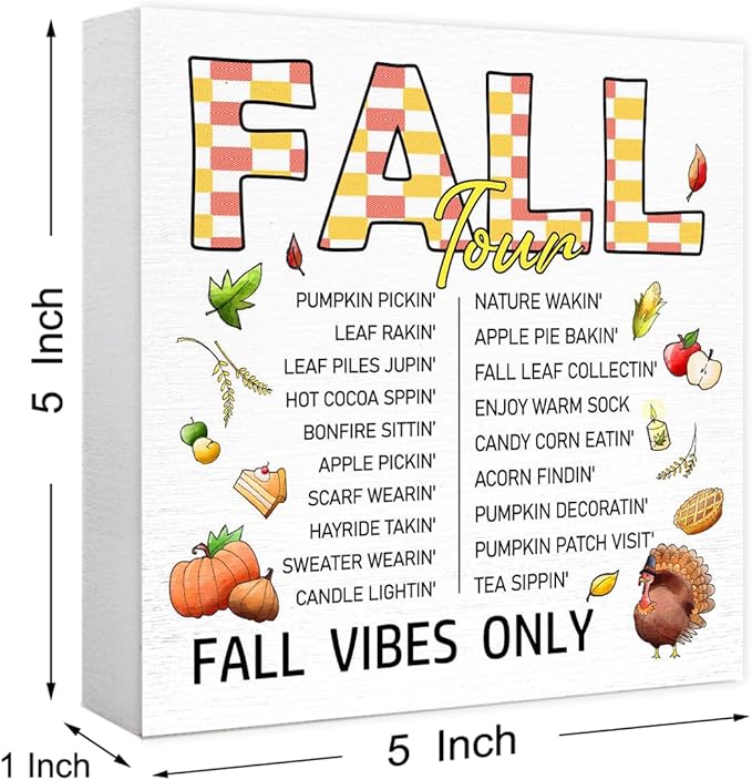 Funny Autumn Wood Box Sign Fall Vibes Only Wooden Block Desk Decor for Home Office Kitchen Cubicle Table Shelf Tabletop,Farmhouse Fall Sign Decor