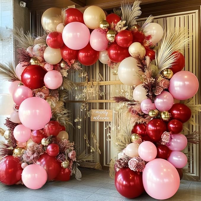 Red Pink Balloon Garland Double Stuffed Pink Rose Red Blush Nude Balloon Arch Pearl Burgundy Gold Latex for Birthday Bridal Shower Wedding Engagement Party Decorations