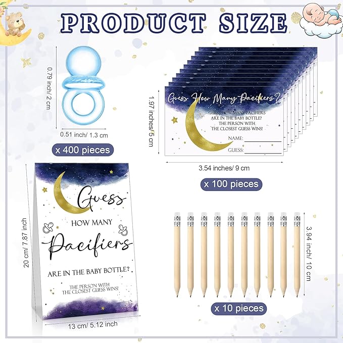 Roowest 512 Pcs Baby Shower Games Guess How Many Pacifiers Sign 100 Small Guessing Games 10 HB Pencils 750ml Milk Bottle 400 Acrylic Pacifiers Decoration for Guest Gender Reveal(Blue,Moon)