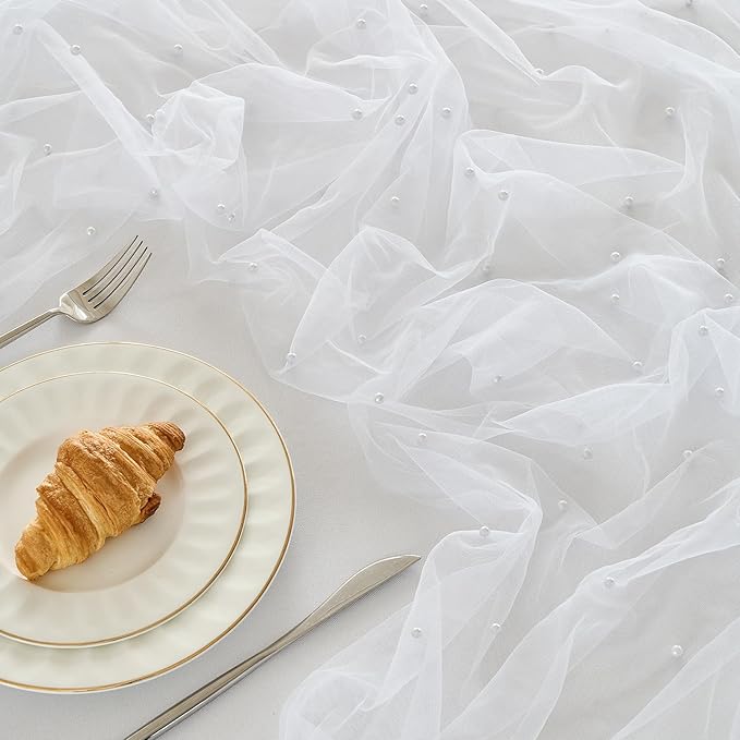 Fanami 6 Pack Pearl Table Runner -10FT Ivory White Boho Tulle Table Runners 120 Inches Long Rustic Sheer Lace Fabric Centerpieces for Wedding Arch Birthday Party Bridal Veil Baby Shower Decorations