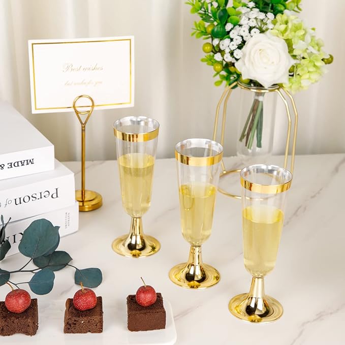 I00000 Gold Champagne Flutes 50 PACK, 5 Oz Disposable Champagne Glasses, 2-Piece Plastic Toasting Glasses for Celebration, Wedding or Parties