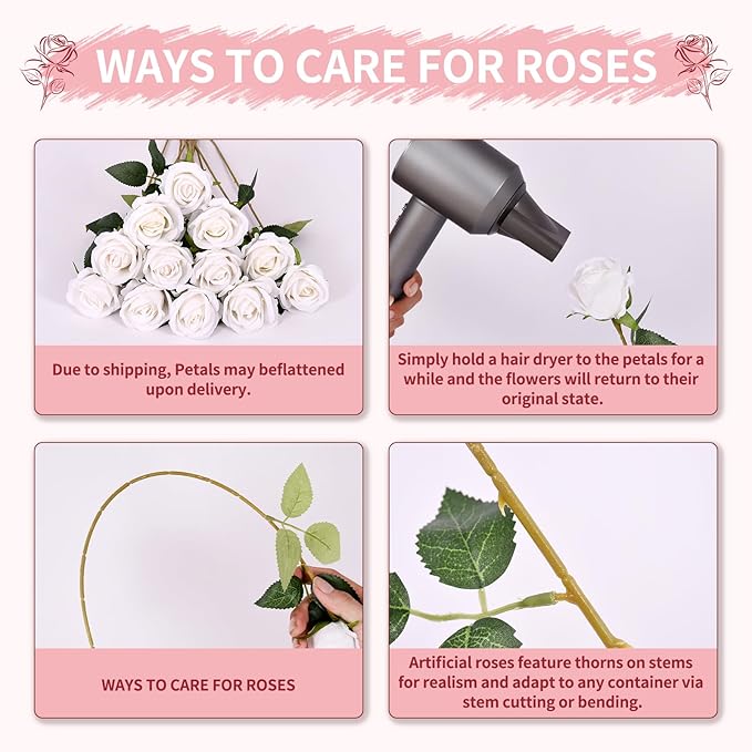 102 PCS Fake Roses Artificial Flowers Bulk, White Roses Bridal Bouquet Silk Faux Rose with Stems for Wedding Flowers Decoration, Valentine's Day, Bridal Bouquet, Anniversary,Home Decor(102PCS, White)
