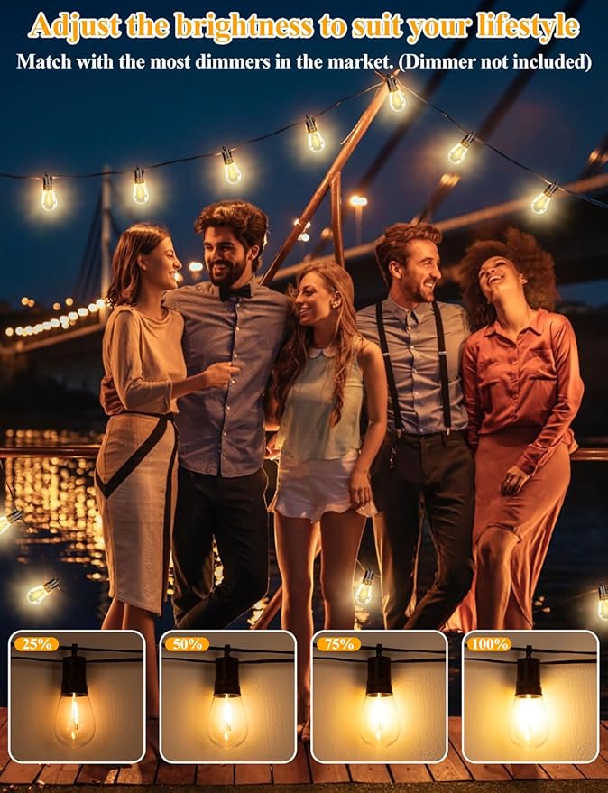 Brightever 150FT Outdoor String Lights, Patio Lights with 45+2 S14 Shatterproof E12 Base LED Bulbs, Outside Hanging Decorative Lights Waterproof for Porch, Balcony, Backyard, Bistro, 2700K Dimmable