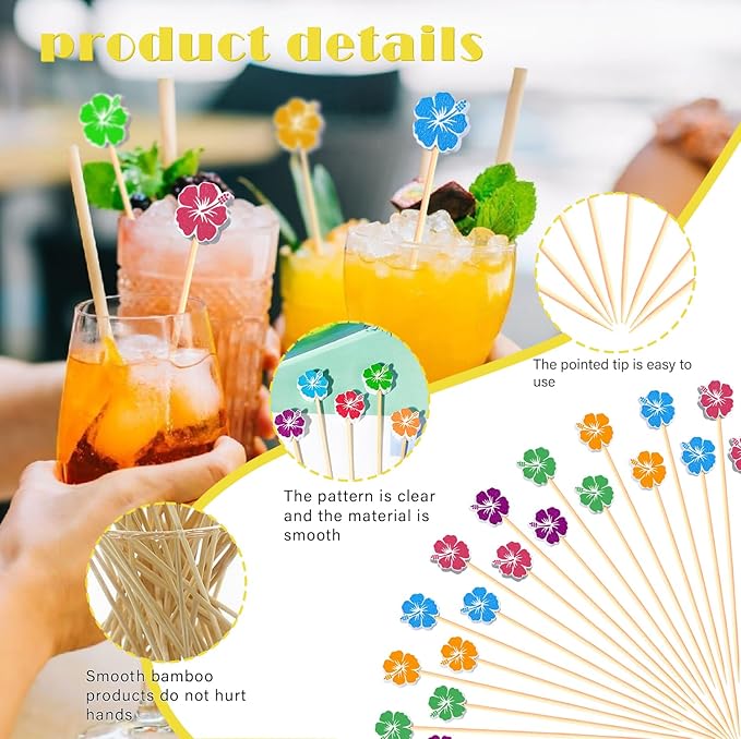 Hawaiian Hibiscus Cocktail Picks Summer Flower Decorative Toothpicks Fruit Dessert Sticks Food Sandwich Appetizer Charcuterie Skewers, for Luau Hawaii Tropical Decorations Floral Party Supplies