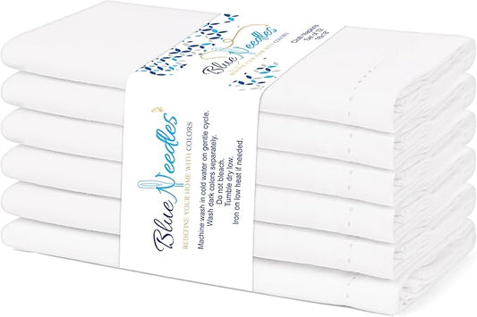 Blue Needles Set of 6 Hemstitch Linen Napkins 100% Cotton White Cloth Dinner Napkins 18x18 inches, Soft, Reusable, Absorbent, Washable, Ideal for Fall Thanksgiving Events, Parties & Everyday Use