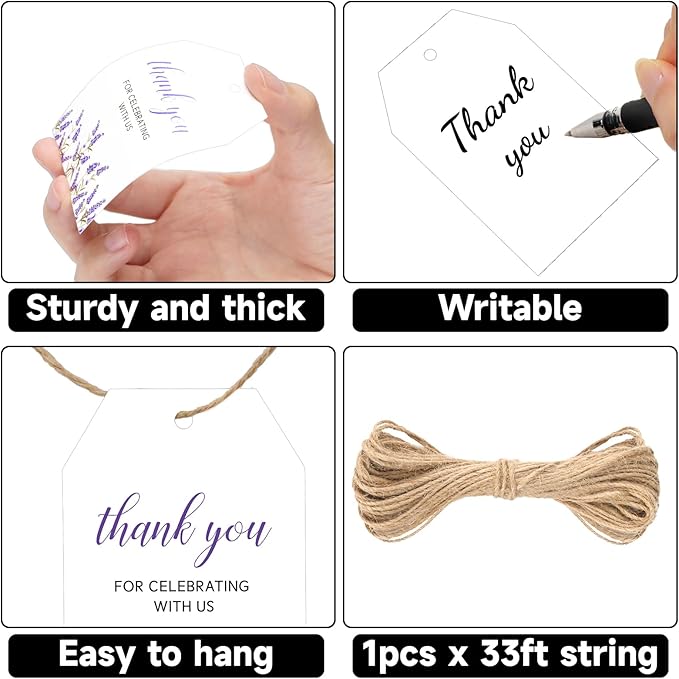 G2PLUS 50Pcs Lavender Thank You Tags - Floral Gift Tags with String, Thank You for Celebrating with Us Tag, White Paper Party Favors Hangtag for Wedding, Baby Shower, Bridal Shower, Birthday