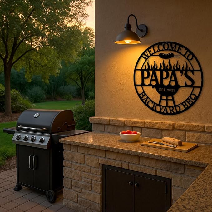 Custom Backyard BBQ Metal Sign, Personalized Papa’s Grill and Barbecue Plaque with Fire Pit Design, Outdoor Patio Yard Wall Decor, Rustic Metal Wall Art, Gift Idea for Birthday, Christmas, Holiday