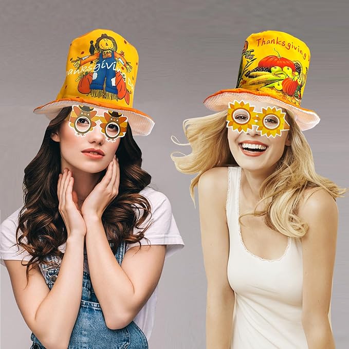 12 Pieces Thanksgiving Top Hats Turkey Hats Paper Eyeglasses Set for Thanksgiving Party Costume Accessories