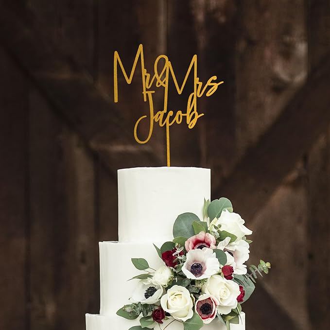 Noni Luxury Personalized Wedding Cake Topper with date and hear, Gold Cake Topper wedding, Custom Cake topper, Rustic Wedding Cake Topper, Mr and Mrs Topper for Wedding Cake, Personalized Cake Topper