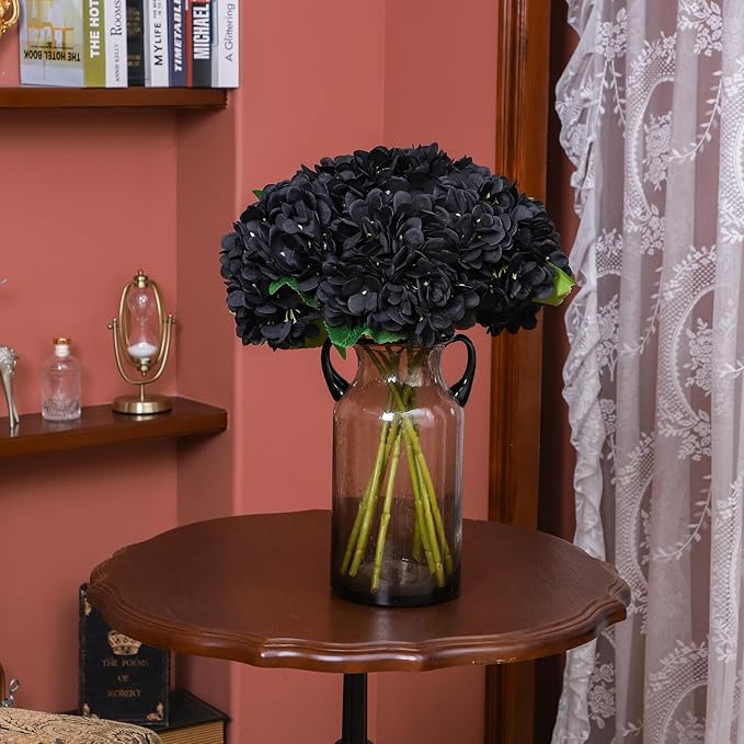 Kimura's Cabin 6Pcs Black Artificial Hydrangea Flowers Fake Hydrangeas Flowers Long Stems Faux silk Flower for Halloween table center decoration farmhouse wedding party dark bouquet arrangement(Black)