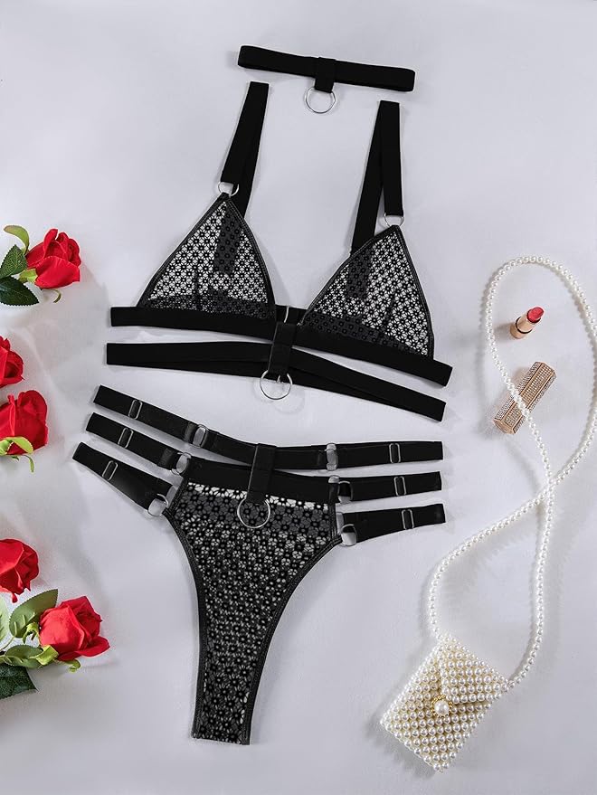 Lilosy Sexy Wireless Choker O Ring Linked Strappy Harness Lingerie Set Outfits 3 Piece