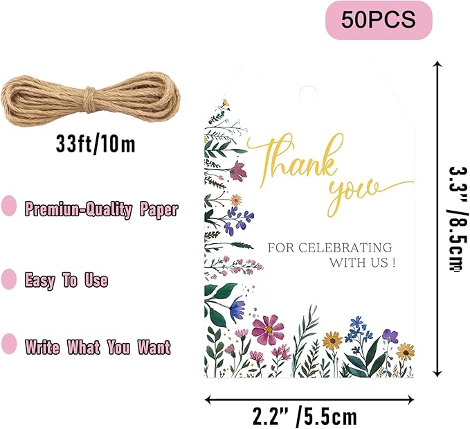 50PCS Floral Thank You for Celebrating with Us Tags, Elegant Botanical Gift Tags with String, 2.2"x3.3" Paper Thank You for Weddings, Baby Showers, Birthdays, Party Favors