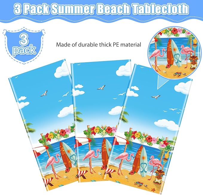 3 Pack Summer Beach Plastic Tablecloth Party Decorations, Disposable Aloha Luau Hawaiian Tablecloth, Flamingo Surfboard Table Cover for Summer Beach Pool Hawaiian Theme Party Decorations, 54 x 108Inch