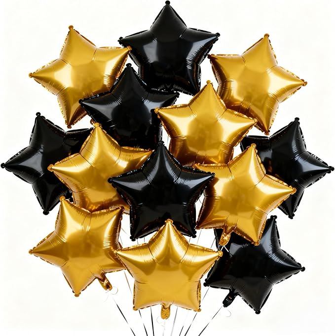Star Balloons,12Pcs Black Gold Star Shaped Foil Balloons, 18 Inch Large Helium Polyester Film Balloon for Baby Shower Birthday Anniversary Party Decorations