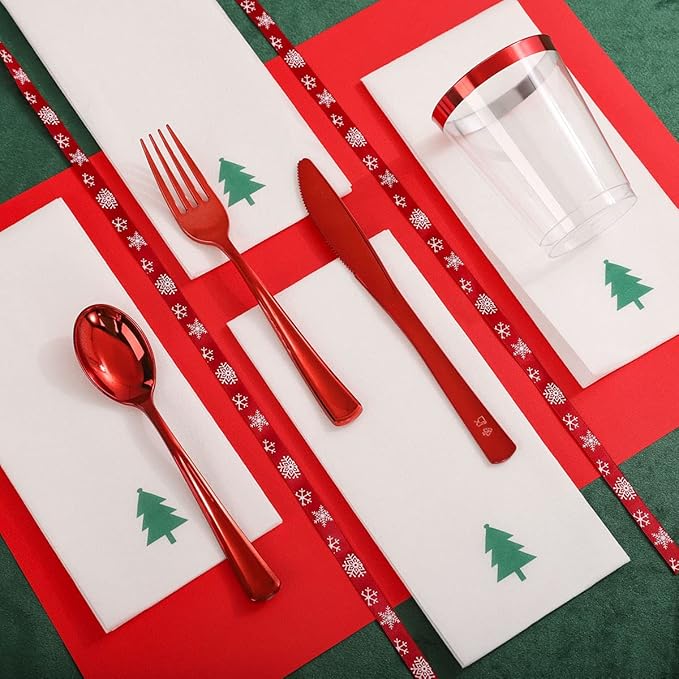 WDF 175pcs Christmas Plates Dinnerware - 25 Guests Unquie Desgin Red Plastic Plates with Green Christmas Tree Pattern, Red Plastic Cutlery, Clear Red Cups and Christmas Tree Napkins