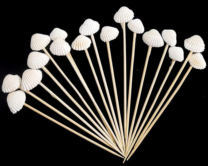 PuTwo 100 pcs Cocktail Picks, 4.7 Inch White Seashell Bamboo Cocktail Picks, Bamboo Toothpicks, Skewers for Appetizers, Mini Food Sticks for Drinks, Sandwiches, Party Supplies