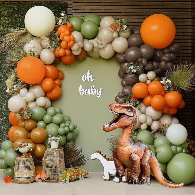 Green Orange Brown Balloon Garland Double Stuffed Dusty Green Dark Brown Balloons White Sand Coffee Fall Balloon Arch Kit for Birthday Woodland Baby Shower Dinosaur Autumn Theme Party Decoration