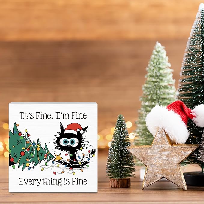 He Sees You When You're Pooping Bathroom Sign Christmas Bathroom Decorations Funny Black Cat Tree Decor for Home Desk Table Shelf 5 X 5 Inch