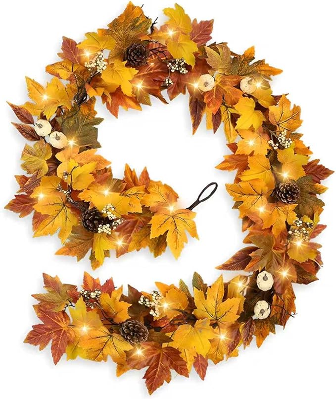 Fall Garland with Lights Outdoor 6FT Autumn Fall Leaves Garland with Pinecones Berries 30 Warm Lights Thanksgiving Christmas Fall Decorations for Home Table Farmhouse Porch Fireplace (Fall Orange)