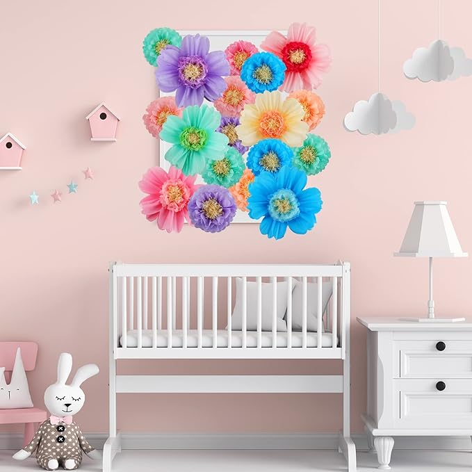 Crowye 24 Pcs Large Colorful Tissue Paper Flowers Decorations 20" Giant Fiesta Crepe Paper Flowers for Wall Decor Backdrop Mexican Wedding Birthday Baby Shower Carnival Party Craft (Colorful)