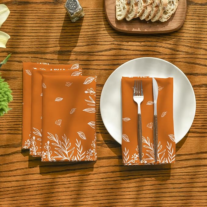 Horaldaily Fall Cloth Napkins 18 x 18 Inch, Thanksgiving Autumn Harvest Orange Wild Flowers Party Dinner Decoration Washable Napkins Set of 8