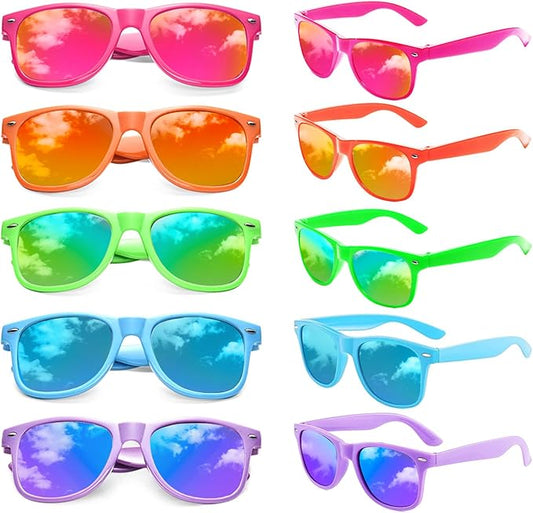 Matcheck 10/18 Pack Neon Colors Party Sunglasses Mirrored lens Colored Glasses Bulk Retro Shades for Unisex Adults Teens