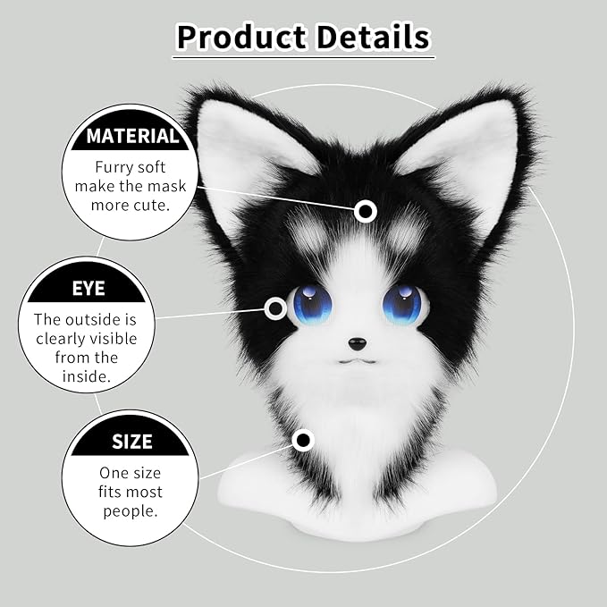 HAOAN Animal Furry Fursuit Head Mask Plush Cat Fox Mask Costume Props for Halloween Party