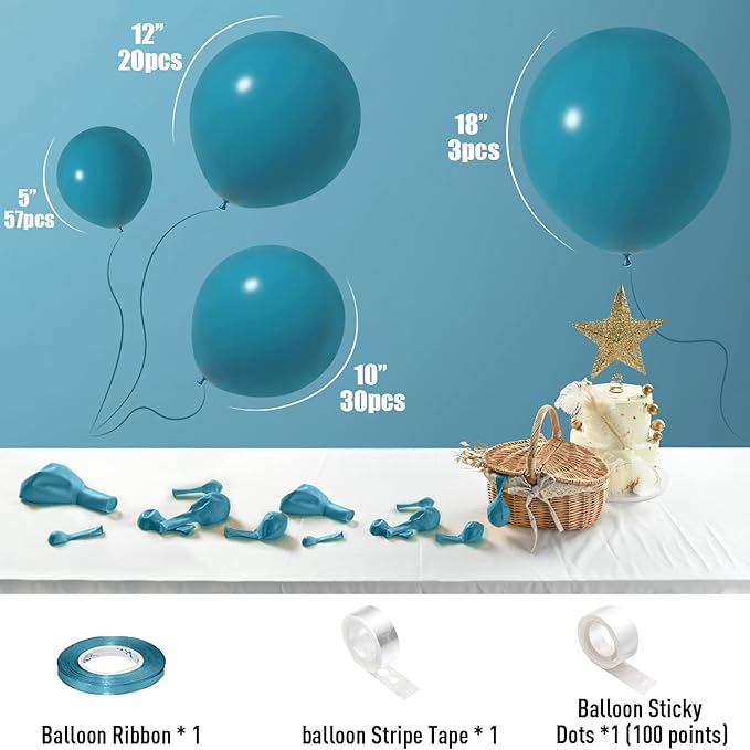 Peacock Blue Balloons, 113Pcs Turquoise Balloon Arch Kit - Different Sizes 5 10 12 18 Inch Matte Dark Teal Dusty Blue Latex Helium Balloons for Birthday, Wedding, Baby Shower Parties