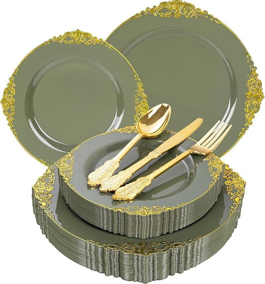 125PCS Olive Green Plastic Plates - Green and Gold Disposable Plates - Vintage Plate with Gold Plastic Silverware Sets for 25 Guests for Christmas & Party