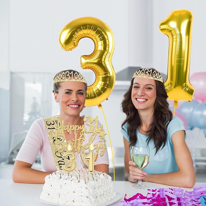 31st Birthday Decorations for Women Gold with 31st Birthday Tiara and Sash, Cake Topper and Number Candles, Number Balloons, 31 Year Old Gifts for Women