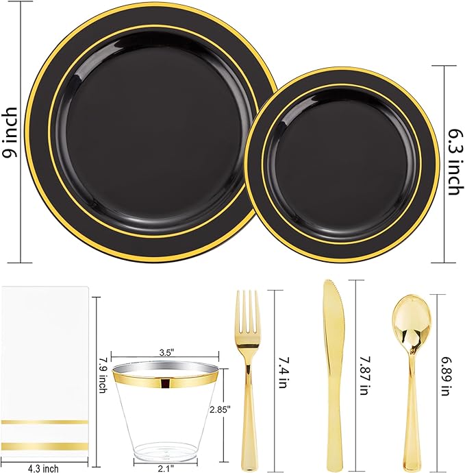 GATHER 350PCS Black Plastic Plates - Disposable Dinnerware Set Include 100PCS Black and Gold Plastic Plates, 150 Silverware, 50 Napkins, 50 Cups for Party & Wedding & New Year