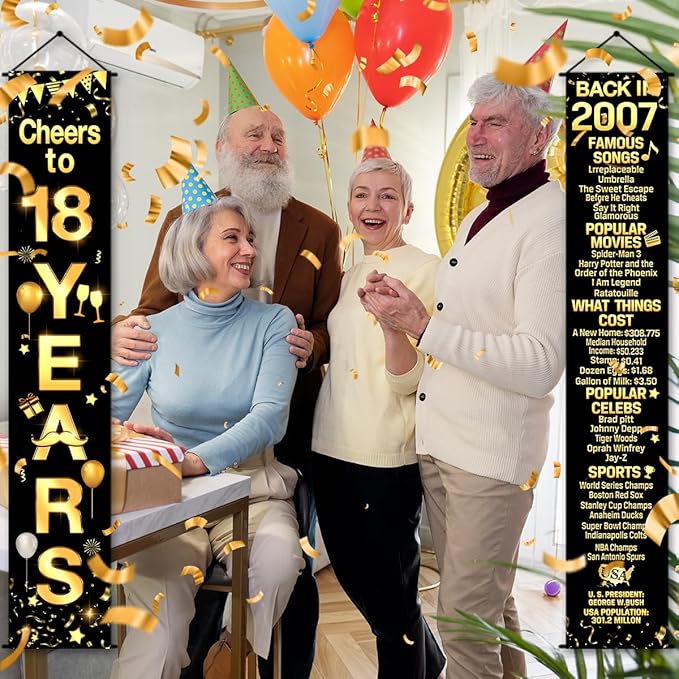 18th Birthday Party Anniversary Decorations Cheers to 18 Years Banner Party Decorations Welcome Porch Sign for Years Birthday Supplies (18th-2007)