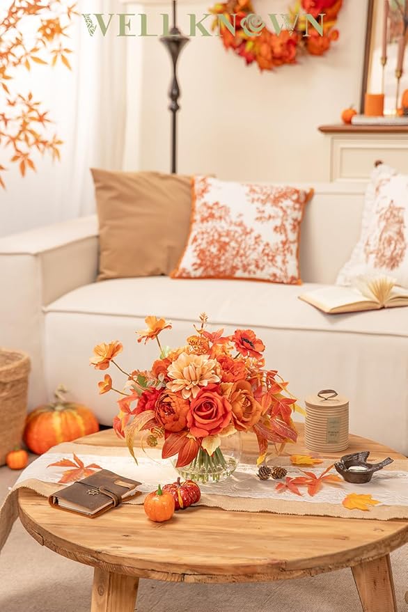 WELL KNOWN Artificial Flowers in Vase, Silk Rose Peony Flower Bouquet Table Centerpieces with Faux Water for Fall Home, Fake Flower & Maple Arrangement for Seasonal Party Decor (Burnt Orange & Earth)