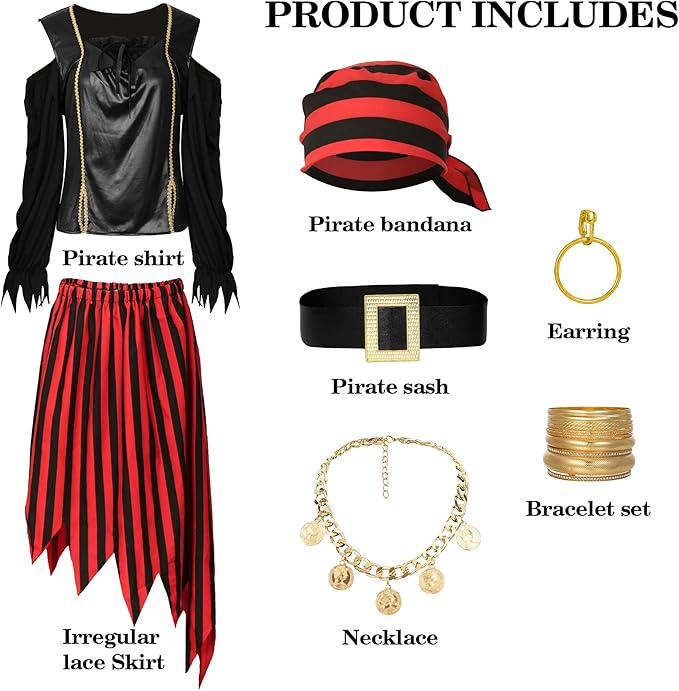 Drofe Pirate Costume Women Accessories Pirate Skirt Renaissance Top Adult Necklace Earrings Halloween Costume Full Set