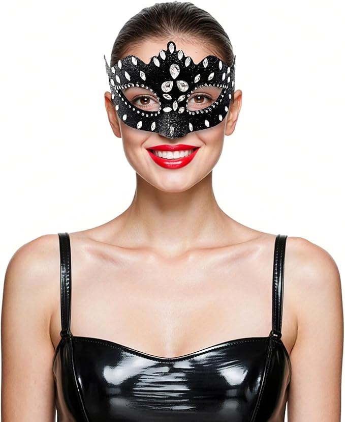 Masquerade Mask with Diamond Inlaid, Venetian Ball Crown Face Masks, Powder Coated Frosted Mask for Party Props