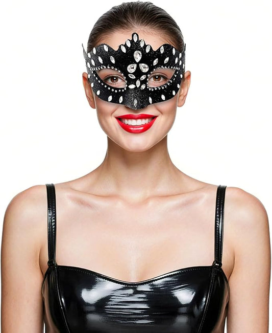 Masquerade Mask with Diamond Inlaid, Venetian Ball Crown Face Masks, Powder Coated Frosted Mask for Party Props