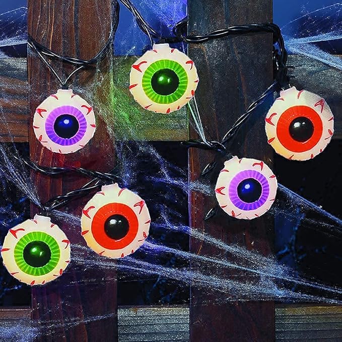 Halloween Eyeball String Lights, 8.5Ft Halloween Decorative String Lights with 10 Multicolor Eyeball Bulbs, UL Listed Waterproof for Indoor/Outdoor Use, Patio, Garden, Gazebo, Door Decoration, Black