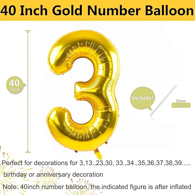40 inch Gold Number Balloon Giant Foil Helium Balloons Gold Number 3 Balloon for 3rd Birthday Party Anniversary Decorations Supplies