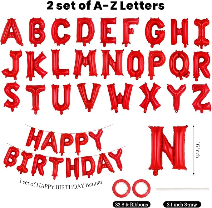 65 Pcs Red Happy Birthday Balloons and 2 Sets A-Z Letters Foil Balloons, 16 Inch Personalized Name Happy Birthday Banners for Wedding Baby Shower Anniversary Party Decorations (Red)