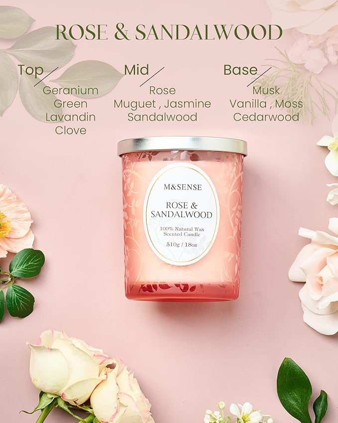 M&SENSE Rose Sandalwood Scented Candle, Cracking Wooden Wick Soy Wax, 18oz 100 Hours Long Lasting Clean Burn, Large Jar Candles for Home Decor, Non-Toxic Relaxing Aromatherapy Gifts for Women
