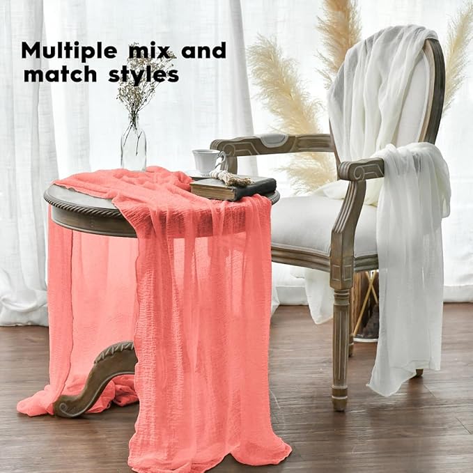 Artoid Mode Boho Cheesecloth Gauze Coral Wedding Table Runner, 120 Inch Seasonal Fabric Kitchen Dining Holiday Table Decor for Home Party Indoor