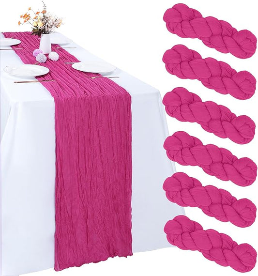 6 Pack Hot Pink Cheesecloth Table Runner 10FT Boho Gauze Fabric Table Runner 35 x 120 Inch Rustic Sheer Runner for Centerpiece Wedding Decor Baby Shower Party Table Decoration