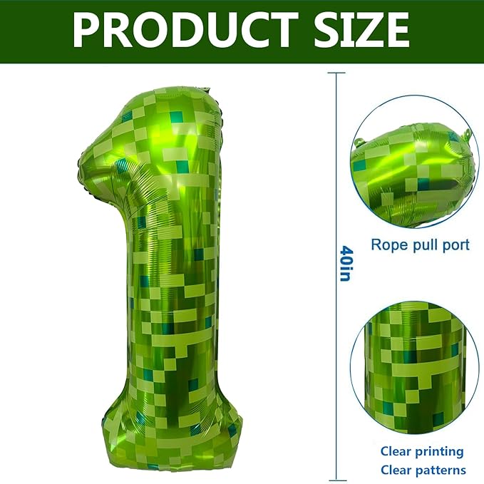Green Number Balloons, Gaint Green Pixel Number 1 Balloon 40 Inch Dark green 1 Balloon for Boys Girls Kids 1st Birthday Party Decoration